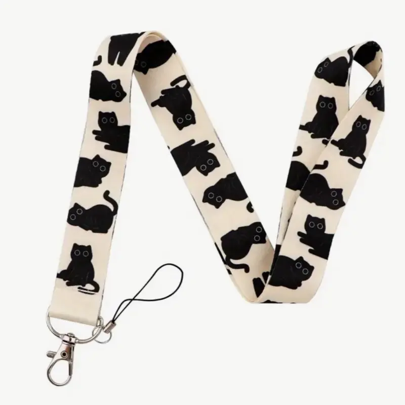 Cute Black Kitty Cat White Lanyard for Keys Teacher Gift with Keyring Attachment