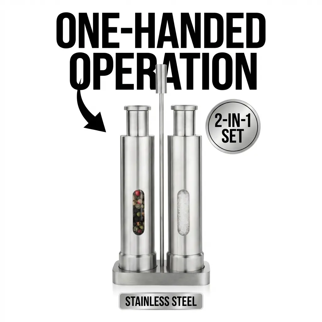 VYNZORTEXIA Stainless Steel Salt and Pepper Mill Set, 2 Pieces + Stand, Manual Grinding with Push Button, One-Handed Operation, Clear Window, Reusable Pepper Grinder and Salt Shaker