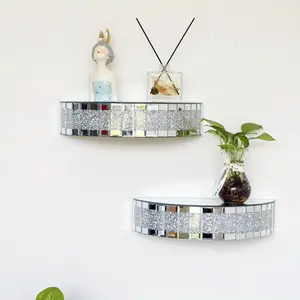 set of 2pcs Mirrored Floating for Wall Decor. Glamorous Crystal Crush Diamond Decorative Wall Shelf. Half circular Silver Mirror Glass Shelf. Gorgeous and luxurious room decorationSuitable for Room, Bedroom, Bathroom or Living Room.