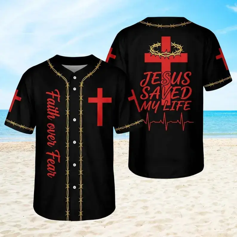 Jesus Saves My Life Baseball Jersey, Christian Faith Graphic Shirt, Religious Casual Streetwear Gift for Men Women