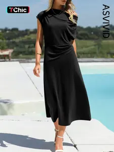 Elegant Women's Casual Boat Neck High Waist Ruffled Hem Midi Dress, Slim Fit Long Skirt, Perfect for Daily Wear & Special Occasions