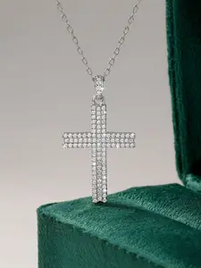 Double row diamond cross necklace, ice cut CZ diamond Christian cross pendant, 14K gold-plated hip-hop men's and women's religious jewelry, baptism confirmation gift