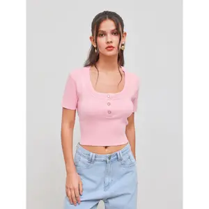 Cider [size 2-10] Knit Square Neck Solid Crop Short Sleeve Top