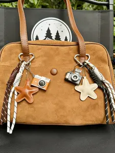 Mini Vintage Camera Pendant Paired With A Pu Star Keychain, Woven Lanyard, Diy Knot Keychain Accessory, Packaging Accessory, Keychain Component, Decorative Pendant, Fashionable Everyday Accessory, Trendy Cute Keychain