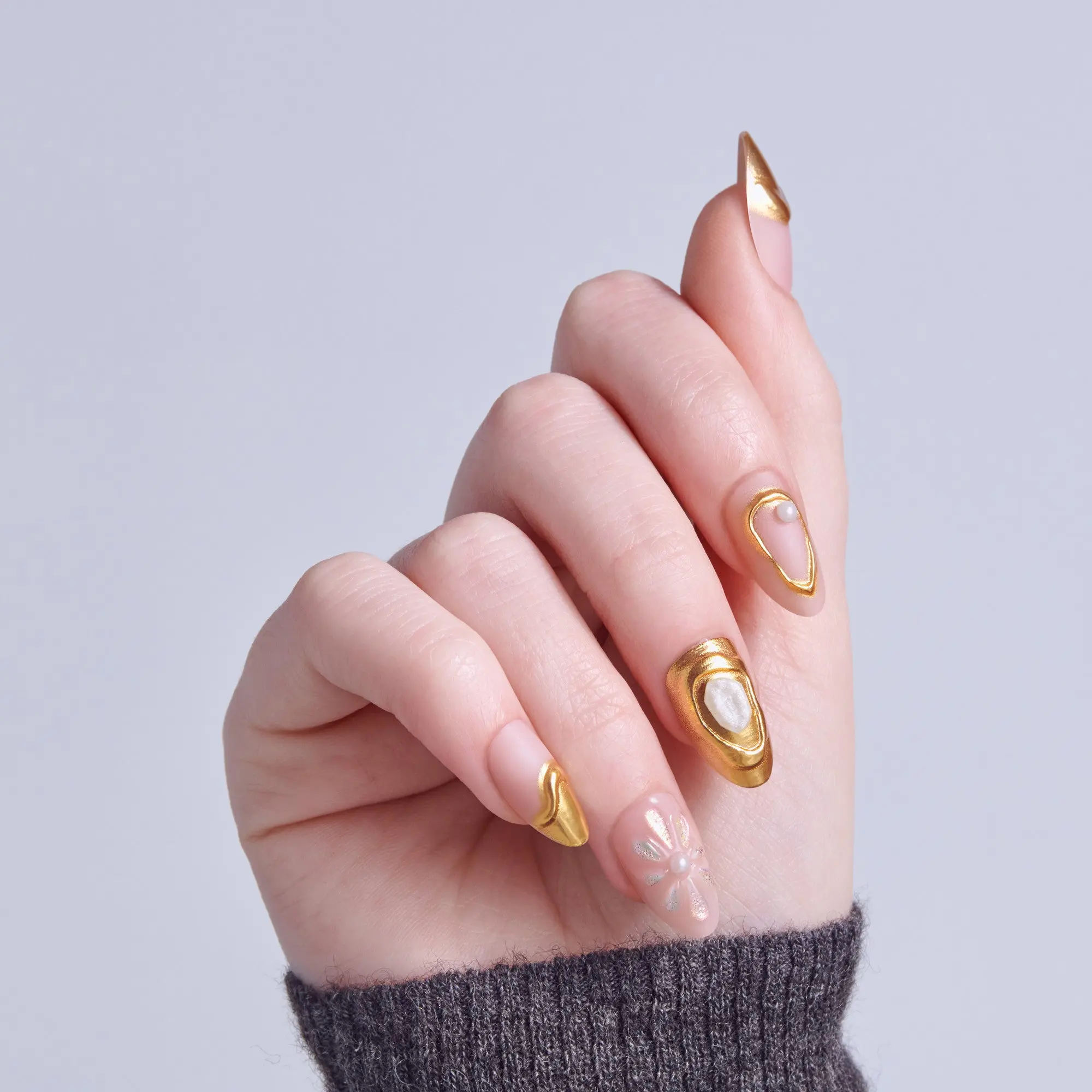 Kiss Luxe Press On Fake Glue Nails - Blossom Tide | 3D & Jewel Design, Gold, Medium, Almond