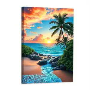 1pc Framed Canvas Painting [2D Flat] Tropical Beach Sunset Decorative Painting Beach Coconut Tree Landscape Hanging Painting Home Living Room Bedroom Wall Art Mural 12x18inch Suitable for Living Room Bedroom Indoor Outdoor Perfect Decorative Gift