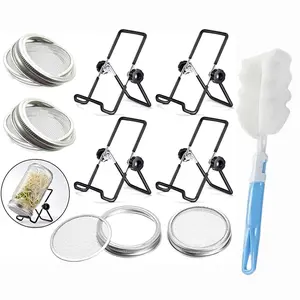 【Summervibes】4-Pack Sprouting Jar Lids (32 oz Glass Jars) with 4-Pack Stainless Steel Sprouting Stands for Wide Mouth Mason Jars for Growing Organic Sprouts, Plus a Brush