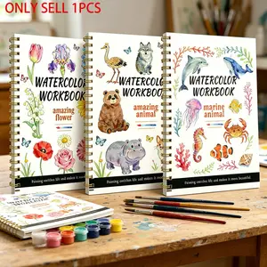 Watercolor workbook, beginner watercolor drawing book, coloring book, three styles of exquisite flowers/oceans/animals to choose from, coil cotton coloring book, Watercolor Floral Design, 1pcs