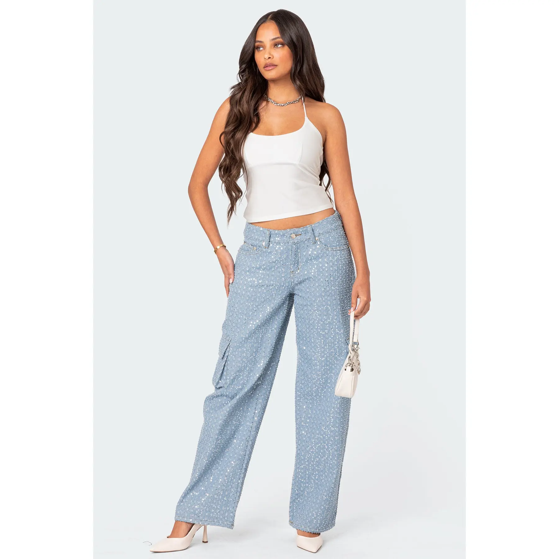 Icing Sequin Low Rise Baggy Cargo Jeans