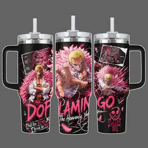 Doflamingo Heavenly Demon Anime Tumbler, Stainless Steel Insulated Cup 20oz/40oz with Straw Lid Included, Pink Feather Full OPiece Wrap Design