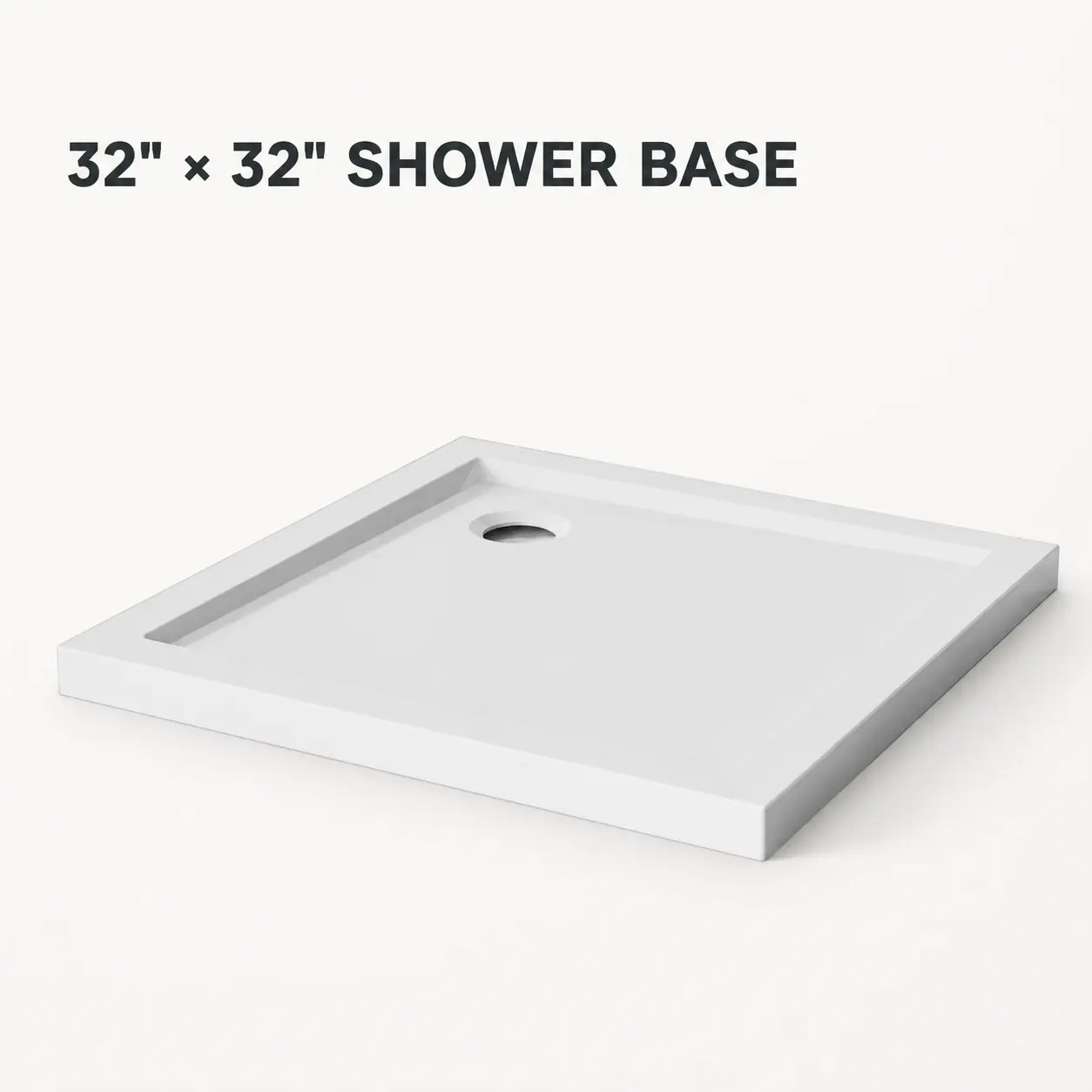 32x32 shower base, white shower pan, corner drain base, single threshold pan, acrylic shower base, square shower pan