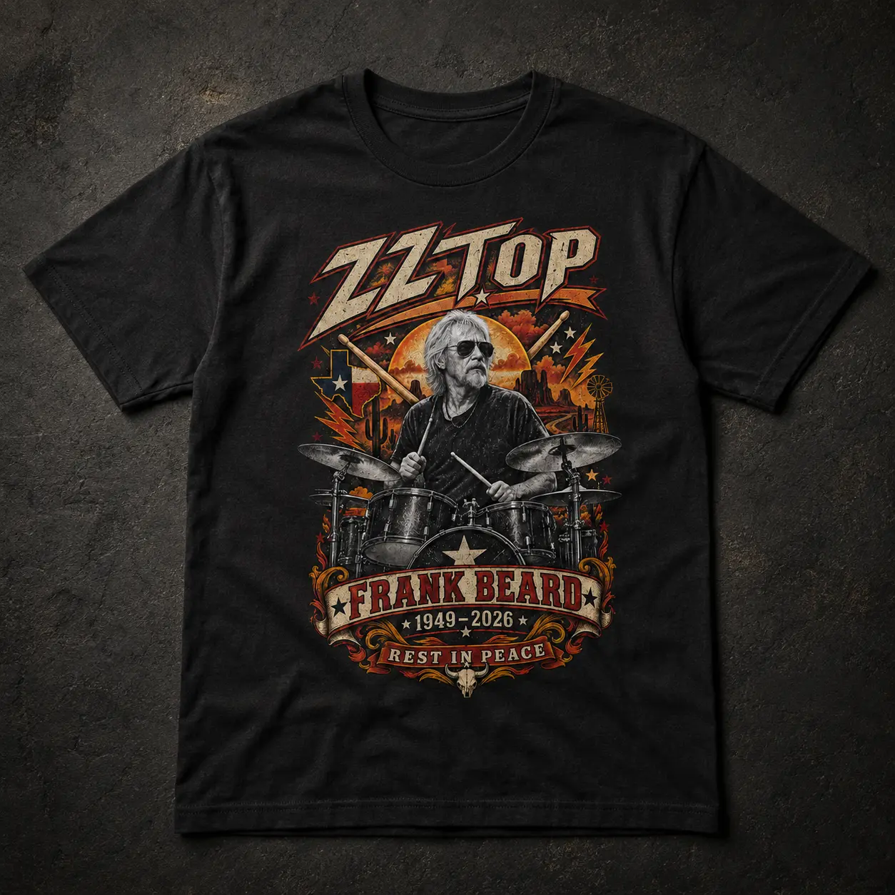 ZZ Top Frank Beard Memorial Shirt, RIP Legendary Drummer Tee, Vintage Retro Rock Band T-Shirt, Texas Blues Music Tribute, Classic Rock Fan Gift