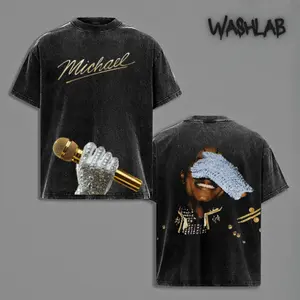 Retro Michael Jackson - King Of Pop Graphic Tee Washed – Double Sided Print Oversized Acid-Washed Heavyweight Cotton T-Shirt – Unisex Dance Music Tee, Perfect Gift for Music Fans and Lovers Menswear Tops