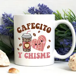 Cafecito Y Chisme" 11oz Ceramic Mug – Fun Coffee & Gossip Design with Playful Heart & Bean Illustrations, Dishwasher Safe, Perfect Gift for Friends, White, Coffee Bar Accessories