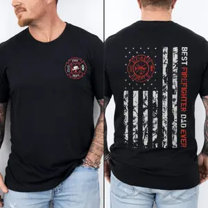 Best Firefighter Dad Ever Graphic Tee, American Flag Distressed Shirt, Fire Dept Apparel Hero Father's Day Birthday Gift Idea, Unisex Short Sleeve Tee, Graphic Streetwear T-Shirt