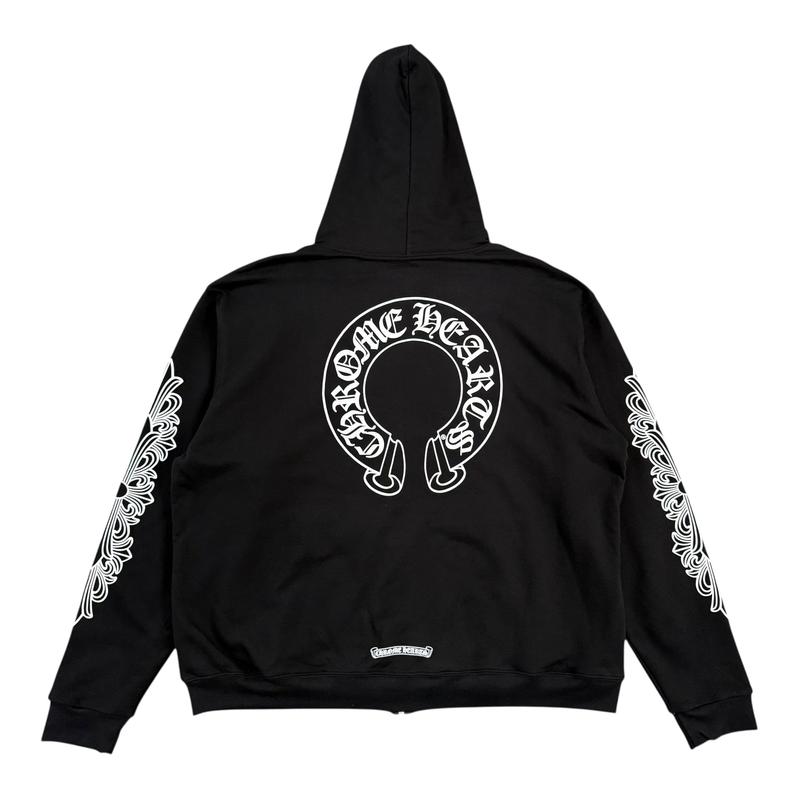 Chrome Hearts Horseshoe Floral Logo Zip Up Hooded Sweatshirt Black White (Thermal Lined)