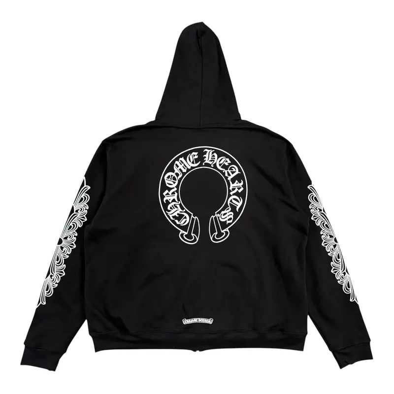 Chrome Hearts Horseshoe Floral Logo Zip Up Hooded Sweatshirt Black White (Thermal Lined)