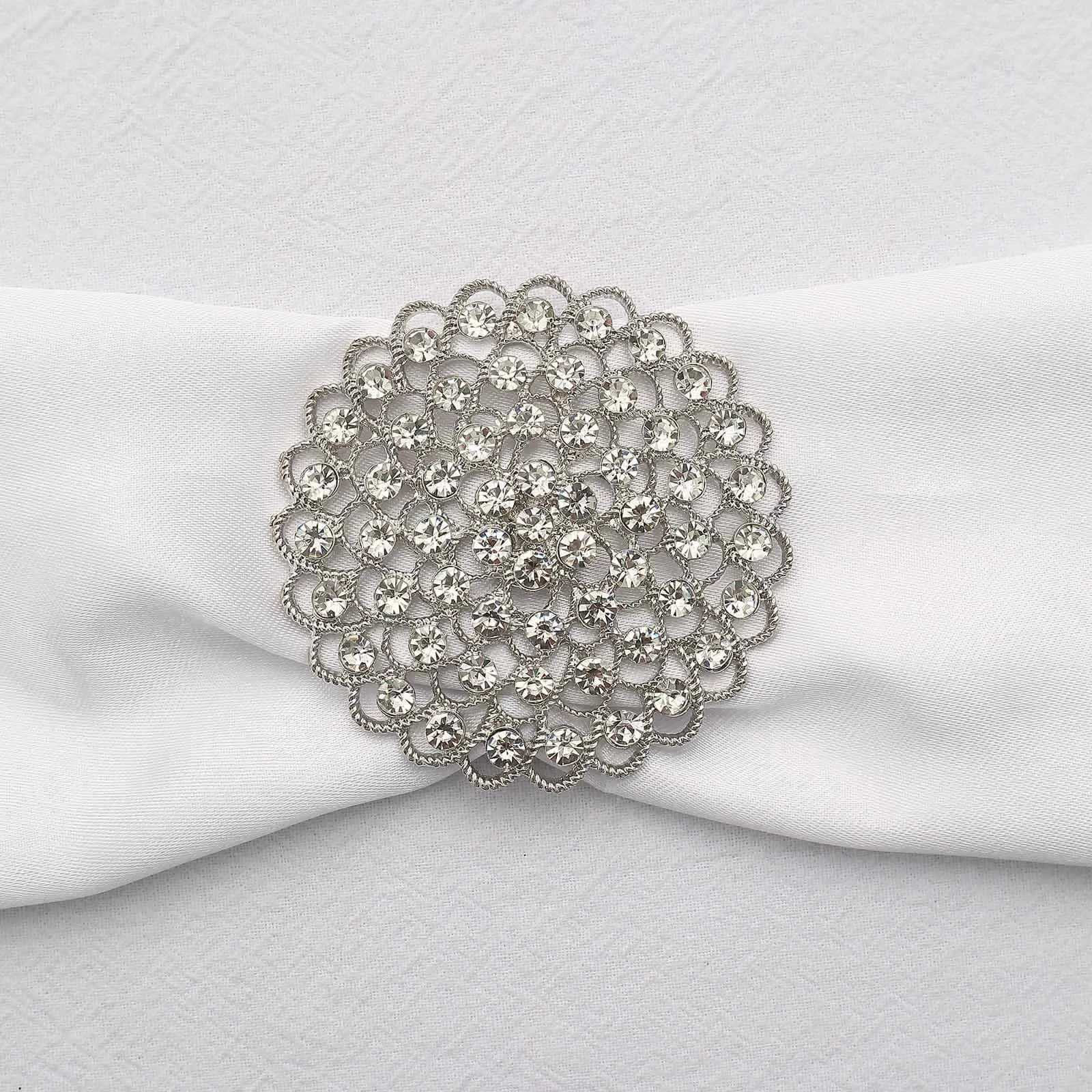 Rhinestone Metal Flower Chair Sash Band Buckle Silver - Glittering Diamond Accent 3"