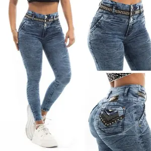 W64-883 Buttlifting Colombian Light Wash Stretch Butt-Lift Skinny Jeans with Studded Waist