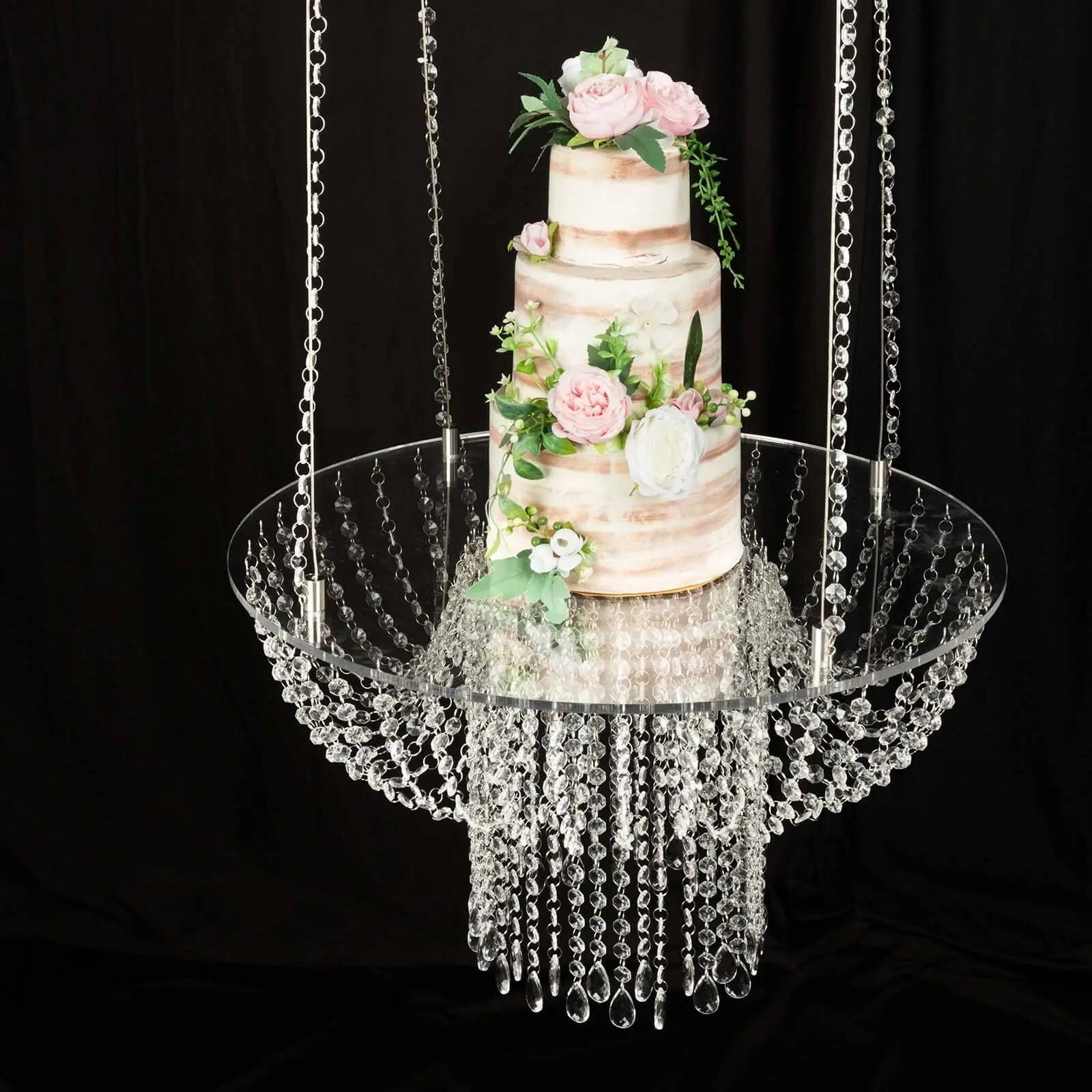Acrylic Hanging Chandelier Cake Stand 25" Round with Crystal Drapes - Suspended Wedding Cake Swing with 5ft Steel Wire Chains