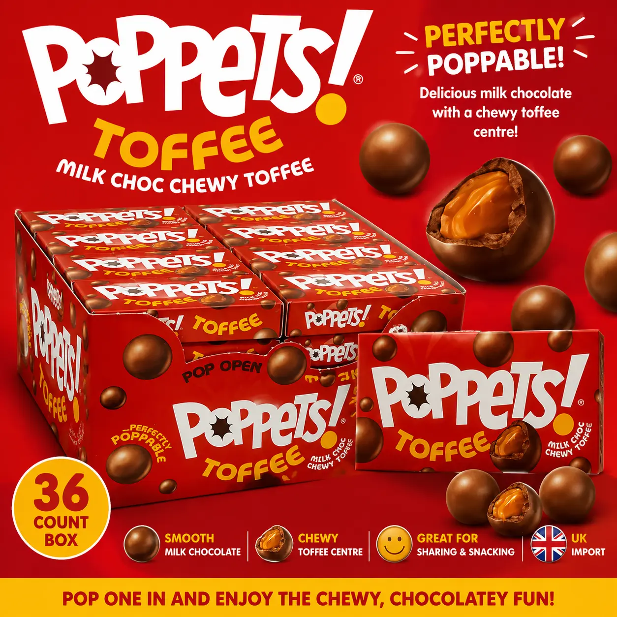 Paynes UK Import Milk Chocolate Chewy Toffee Balls 1.3 oz 36 Count  Chocolate Covered Toffee Candy | Classic British Sweet Treats