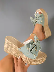 Women's Fashionable Bowknot Design Wedge Sandals, Casual Comfortable Breathable Platform Sandals for Summer, All-match Beach Slippers for Daily Wear, Walking Shoes