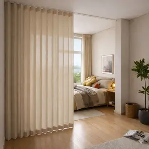 No-Drill Light Filtering Room Divider Curtain with Hooks for Renters, Foldable Privacy Partition for Small Apartments, Bedroom & Living Room