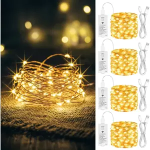 4 Pack Fairy Lights Rechargeable with Timer, 16FT 50 LED Battery Operated String Lights Indoor, Cuttable Starry Mini Twinkle Lights for Christmas Decor, Bedroom, Wreath, Garland (Warm White)
