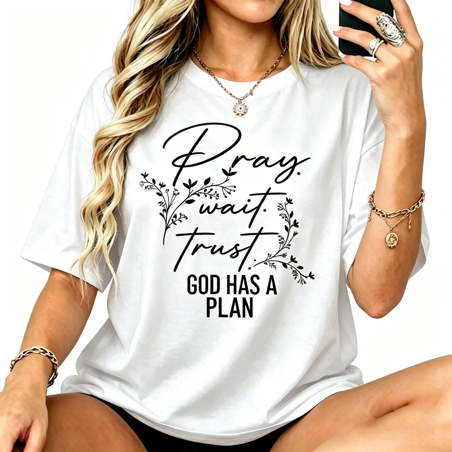 Women Pray Wait Trust God Has A Plan Christian T-Shirt Floral Faith Bible Verse Tee Religious Inspirational Oversized Shirt Faith Based Gift For Her Church Prayer Soft Casua