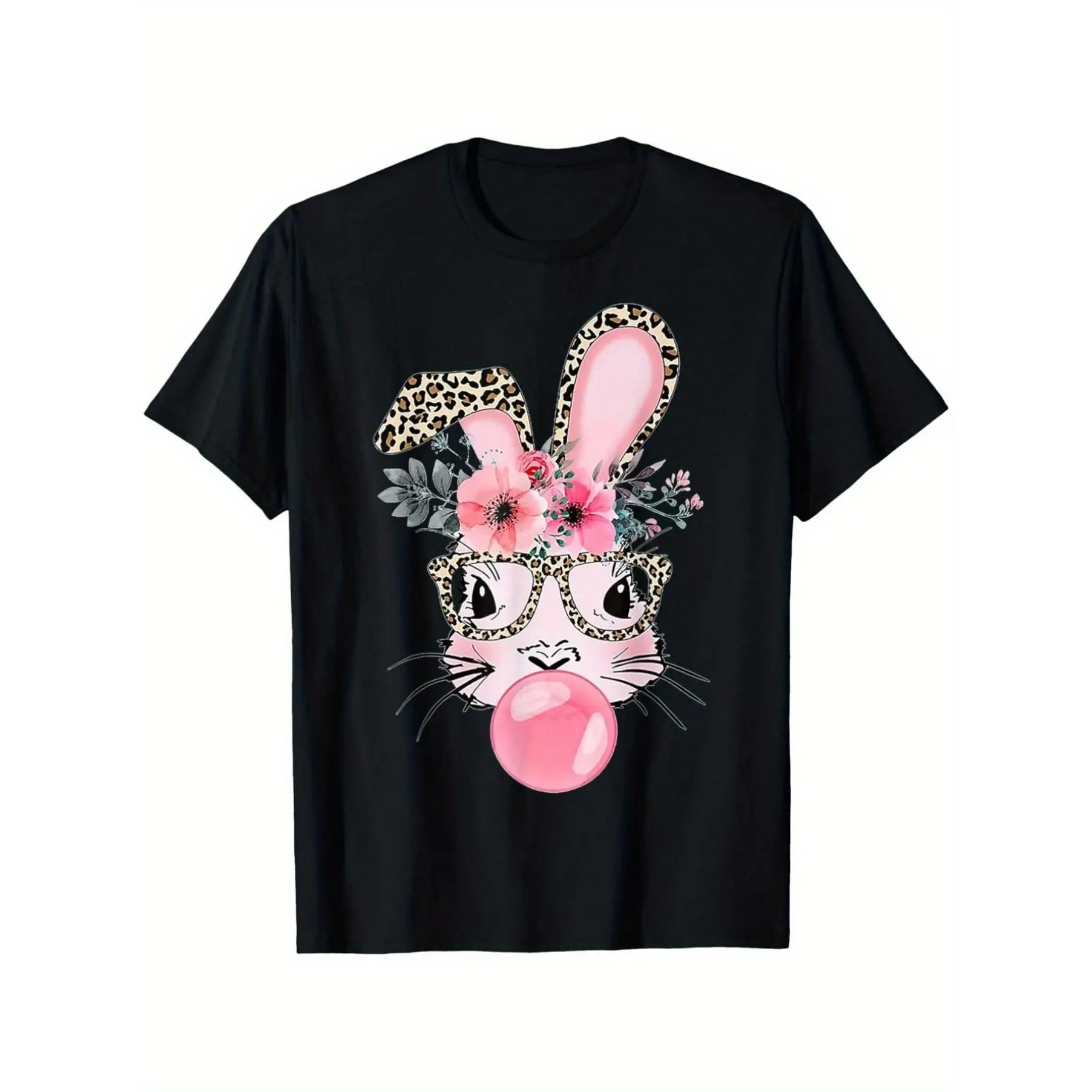 Cute bunny bubble gum Easter T-shirt with leopard print glasses suitable for all men and women Four seasons outdoor short-sleeved T-shirt ready to wear 100 cotton S-XXXL local community store in stock quick hair soft cotton comfort enjoy