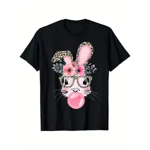 Cute bunny bubble gum Easter T-shirt with leopard print glasses suitable for all men and women Four seasons outdoor short-sleeved T-shirt ready to wear 100 cotton S-XXXL local community store in stock quick hair soft cotton comfort enjoy