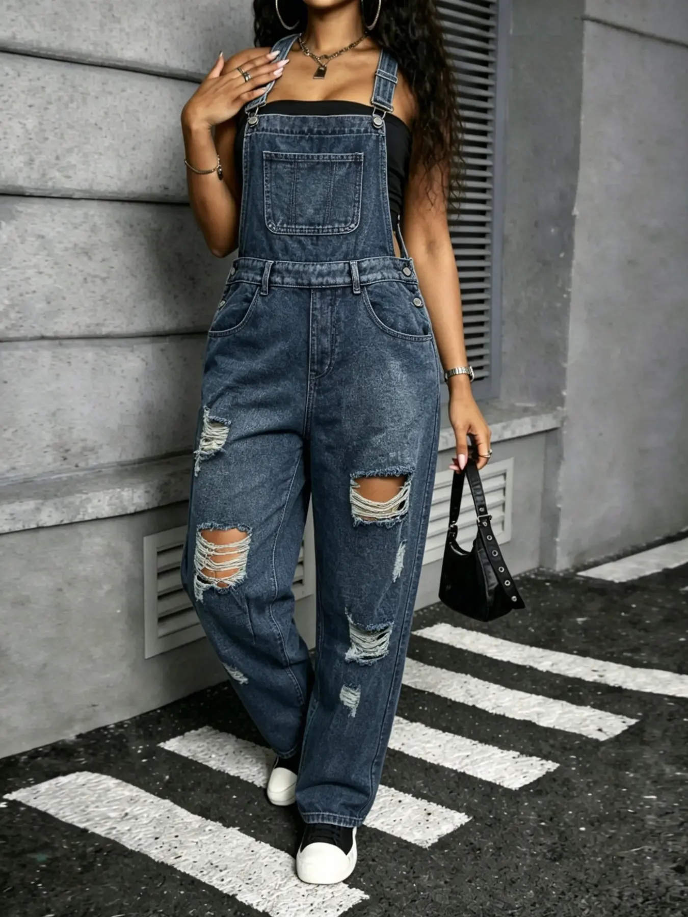 Women's Plus Size Oversize Ripped Denim Halter Pants Overalls, Loose Fit Washed Jeans, Blue Fashion Casual Wear, All Season Party Date, Womenswear