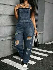 Women's Plus Size Ripped Denim Halter Pants Overalls, Loose Fit Washed Jeans, Blue Fashion Casual Wear, All Season Party Date