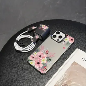 Floral iPhone Case Set with Charger Cover, Cable Protector & Storage Rope, Anti-Drop Tpu Shell for iPhone Models 6-16 Pro Max
