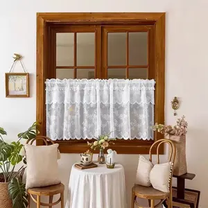 1 Piece, Double-layer Fresh White Floral Rod Pocket Short Curtain, French Retro Lace Half Curtain, Decorative Curtain for Kitchen, Bedroom and Bay Window, Small Curtain with White Pom-pom Top Decoration, Rod Pocket Design