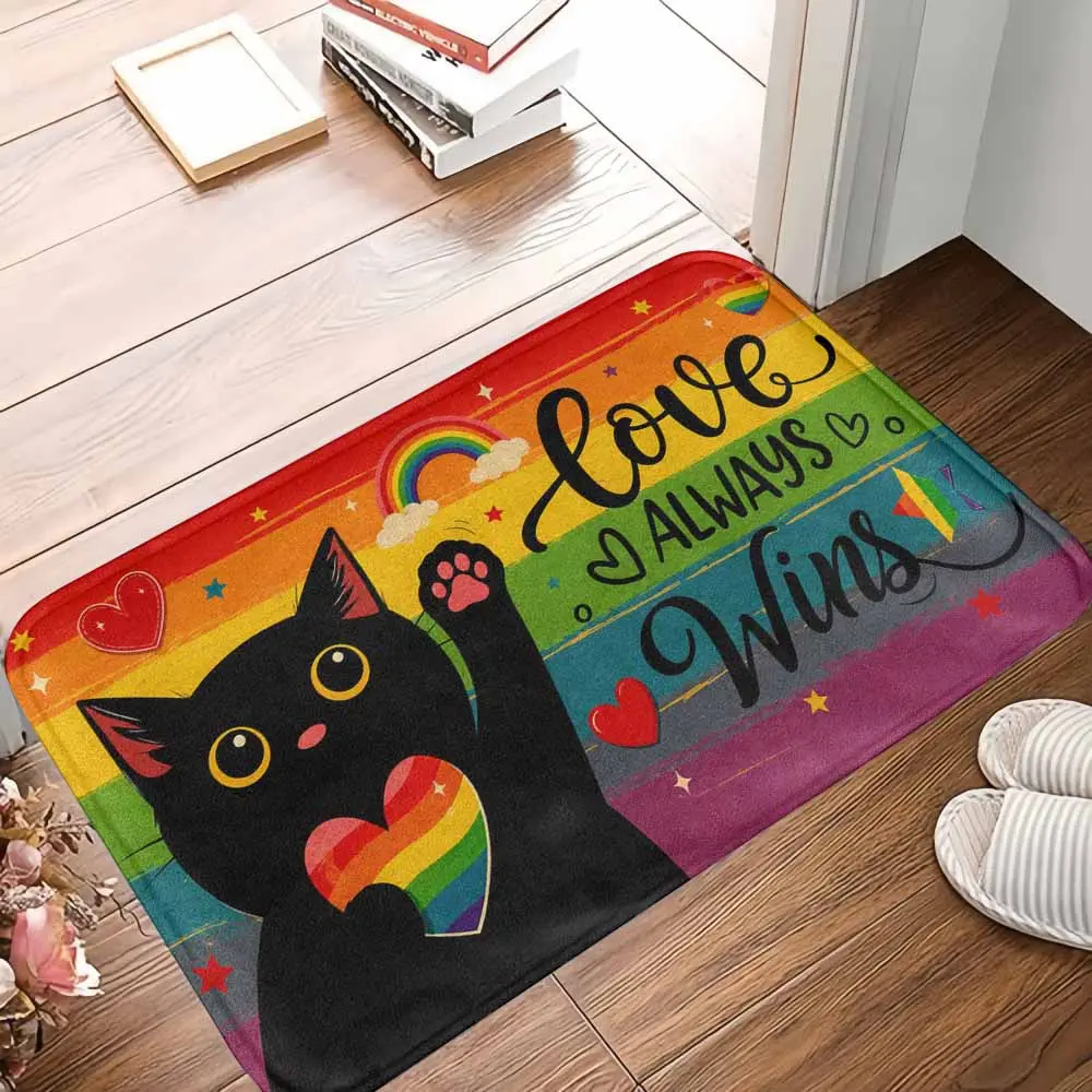 Rainbow Black Cat Doormat Colorful Love Heart Illustration Pattern Soft Non Slip Washable Durable Indoor Outdoor Decor Mat Ideal for Entryway Living Room Bedroom Patio Gift Housewarming Celebration Use