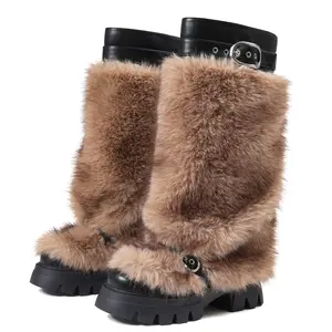 Womens Knee High Snow Boots Faux Fur Fluffy Chunky Block Heels Rounded Toe Fashionable Adjustable Belted Buckle Strap Comfy Working Outing Concert Party Festival Comfy Winter Platform Boot