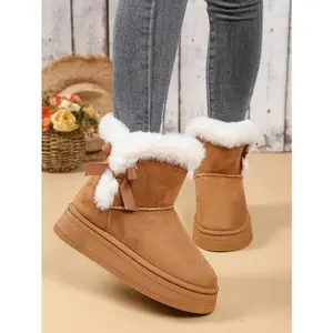 New Fashion Women's Fuzzy Cuff Platform Snow Boots Bow Accent Cozy Sherpa Lining Trendy Winter Warmth for Cold Days & Casual Chic White Black Tan Options Must Have Snow Booties Ladies Boots Outfit September Restock Campaign - Footwear