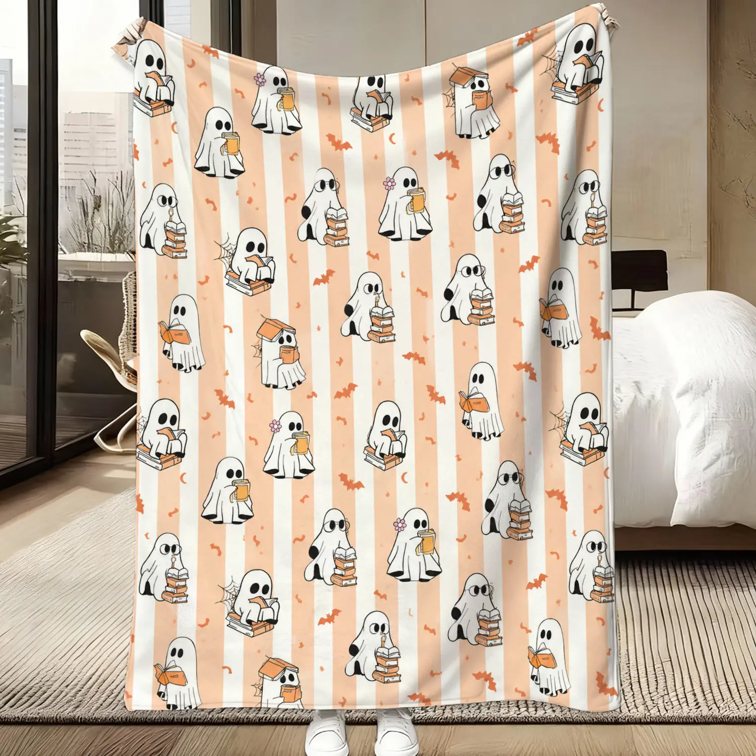Ghost Reading Blanket Halloween Ghost Reading Books Throw Blanket Lightweight Travel Soft Flannel Blanket Living Room Bedroom Sofa Decoration