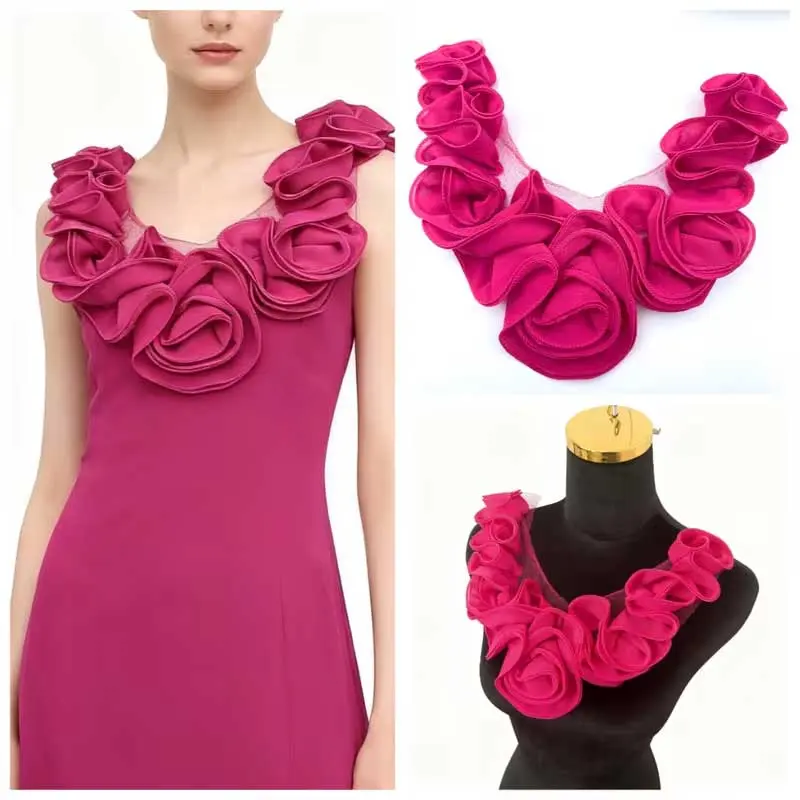 1pc/ 29cm/ 11.42in Magenta 3D Flower Collar Accessories, Mesh Splicing Decorative Collar, Fashion Eye-catching Style, Artistic Accessories Versatile Shoulder , Gift Decoration DIY Handicrafts and Holiday Celebration Scenes Decoration, Holiday