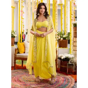 Sunshine yellow drape dhoti skirt with cape and blouse