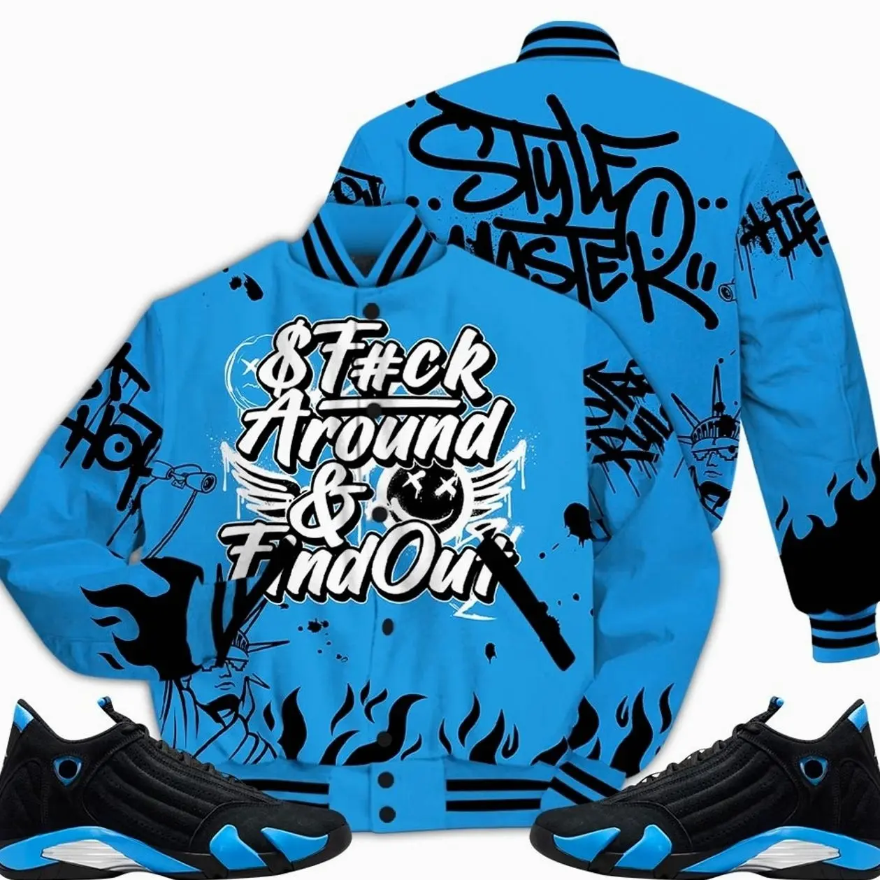 14 University Blue Outfits, Black University Blue 14s Varsity Jacket, Graphic Meme Quote Got Em Unisex T-Shirts To Match Sneakers Streetwear