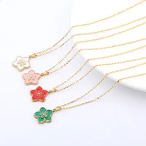 Enamel Flower Pendant Necklace for Women Girls, 18K Gold Plated Sakura Chain Necklace, Adjustable Lightweight 4g Jewelry Gift, 4 Colors Available