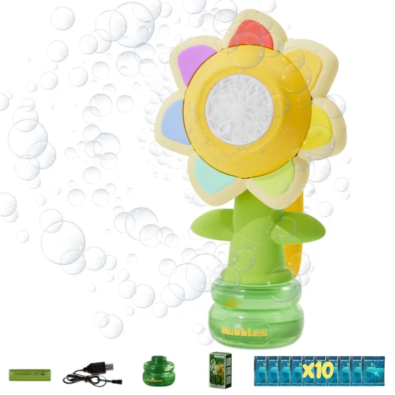 Rechargeable Artificial Round Sunflower Swing Dance Bubble Machine - Glowing Colorful LED Lights, 10 Refill Solutions, Portable Handle, Kids-Easy Control, Endless Fun, Outdoor Party Toy for Kids