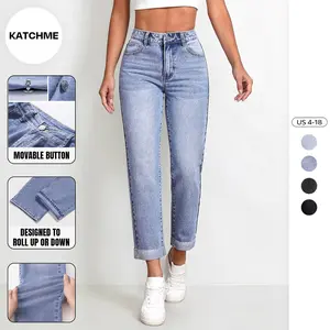 KatchMe Women's Street Mid-Rise Tapered Jeans, Cozy Fall Outfits for Lady, Chic Women's Bottom, Leisure Denim Trousers, Streetwear Outfits