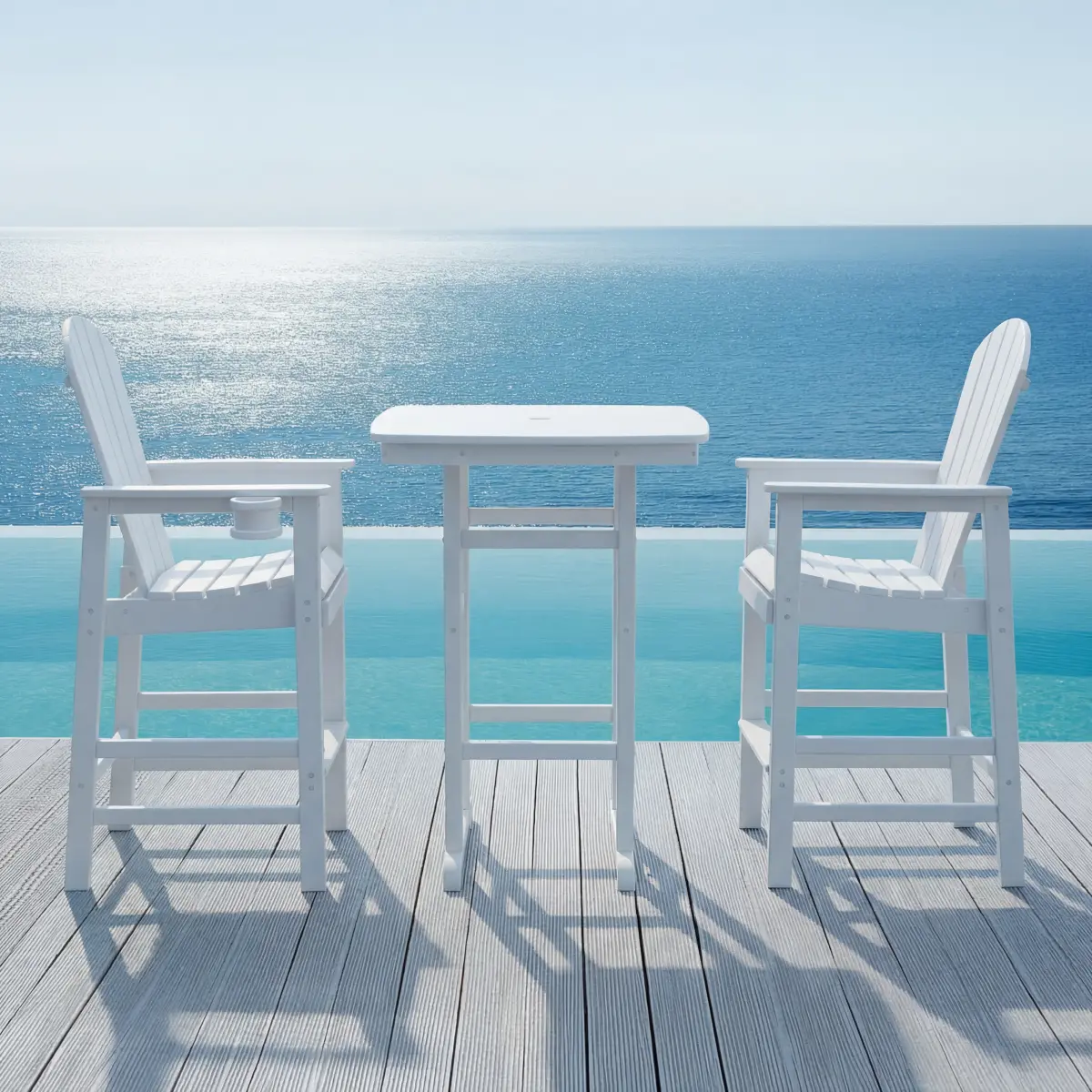 White HDPE Polywood 3-Piece Bar-Height Outdoor Bistro Dining Set - 42.1" Square Slatted Top Pub Table with Umbrella Hole, 2 Armrest & Cup Holder Bar Stools, All-Weather PE Furniture for Porch, Poolside, Seats 2, Cup Holders