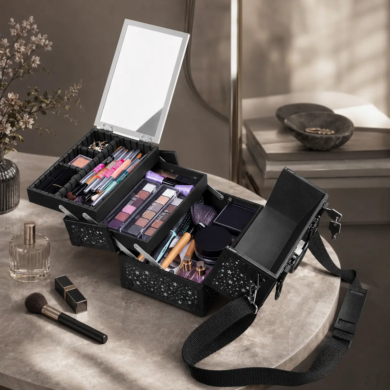 Costoffs Makeup Train Case with Mirror – Portable Travel Makeup Bag, Cosmetic Organizer with 2 Trays and Adjustable Dividers, Makeup Bags