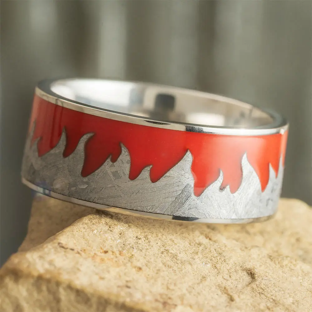 Red Fire Moonscape Ring with Carved Meteorite