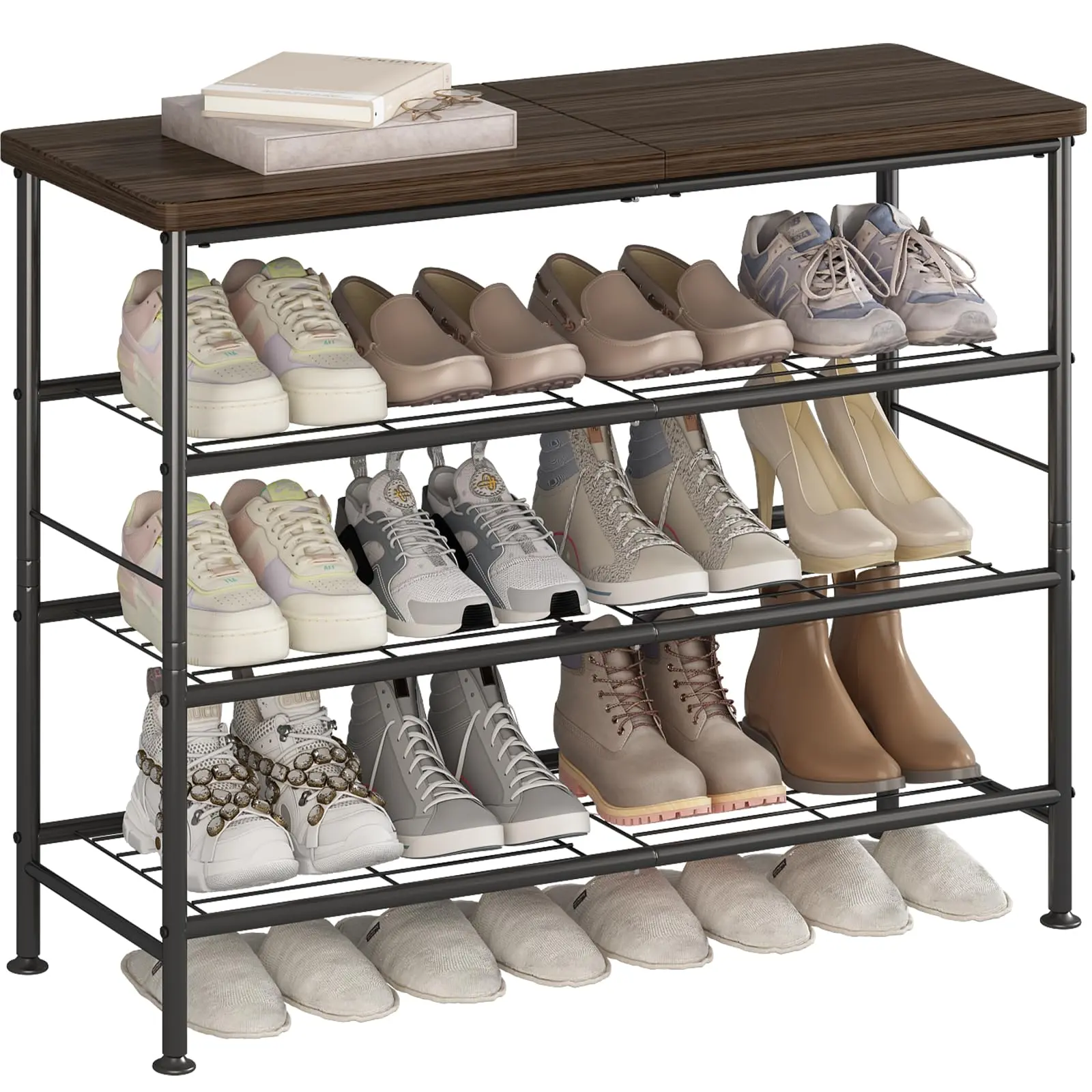 LINZINAR Shoe Rack Organizer 4 Tier Metal Storage Shelf with MDF Top Board for Closet Entryway Bedroom Organizing A001 Multifunctional Large Desktop Industrial Shoe Rack