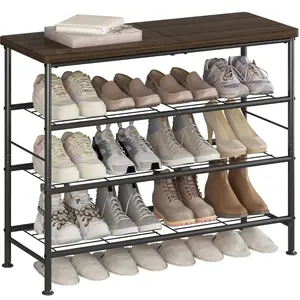 Black FridayLINZINAR Shoe Rack Organizer 4 Tier Metal Storage Shelf with MDF Top Board for Closet Entryway Bedroom Organizing A001 Multifunctional Large Desktop Industrial Shoe Rack